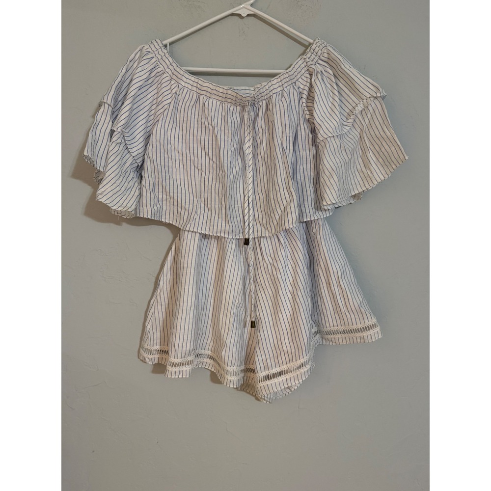 Sensemilla Blue White Striped Off Shoulder Ruffle Romper Crochet Lace Trim Small